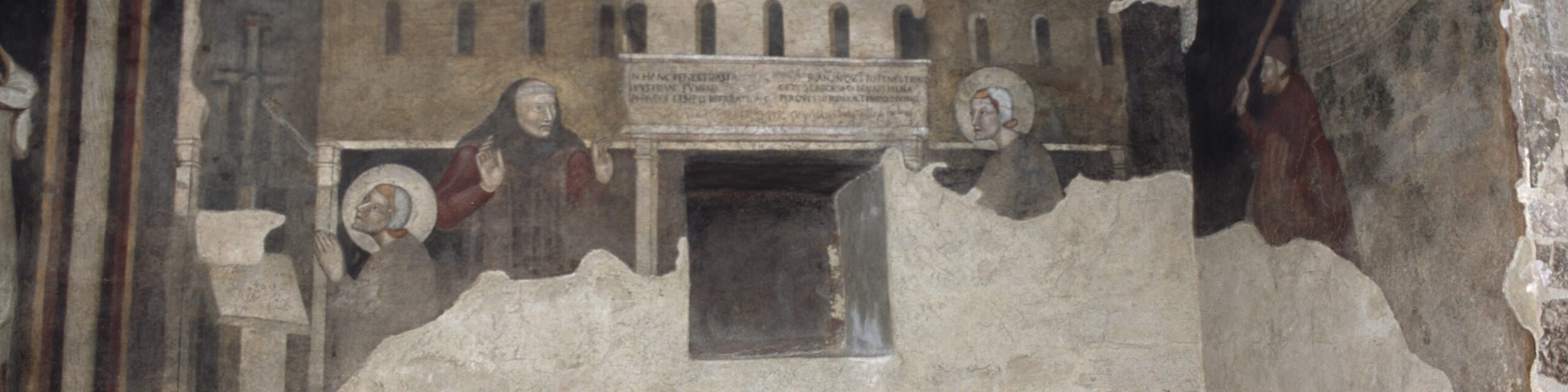 San Damiano (27) Fresko in der Kirche von San Damiano. Es zeigt Franziskus, der in der Kirche betet den Vater, der ihn sucht und den Priester, der sich vertreidigend zwischen Vater und Sohn stellt.